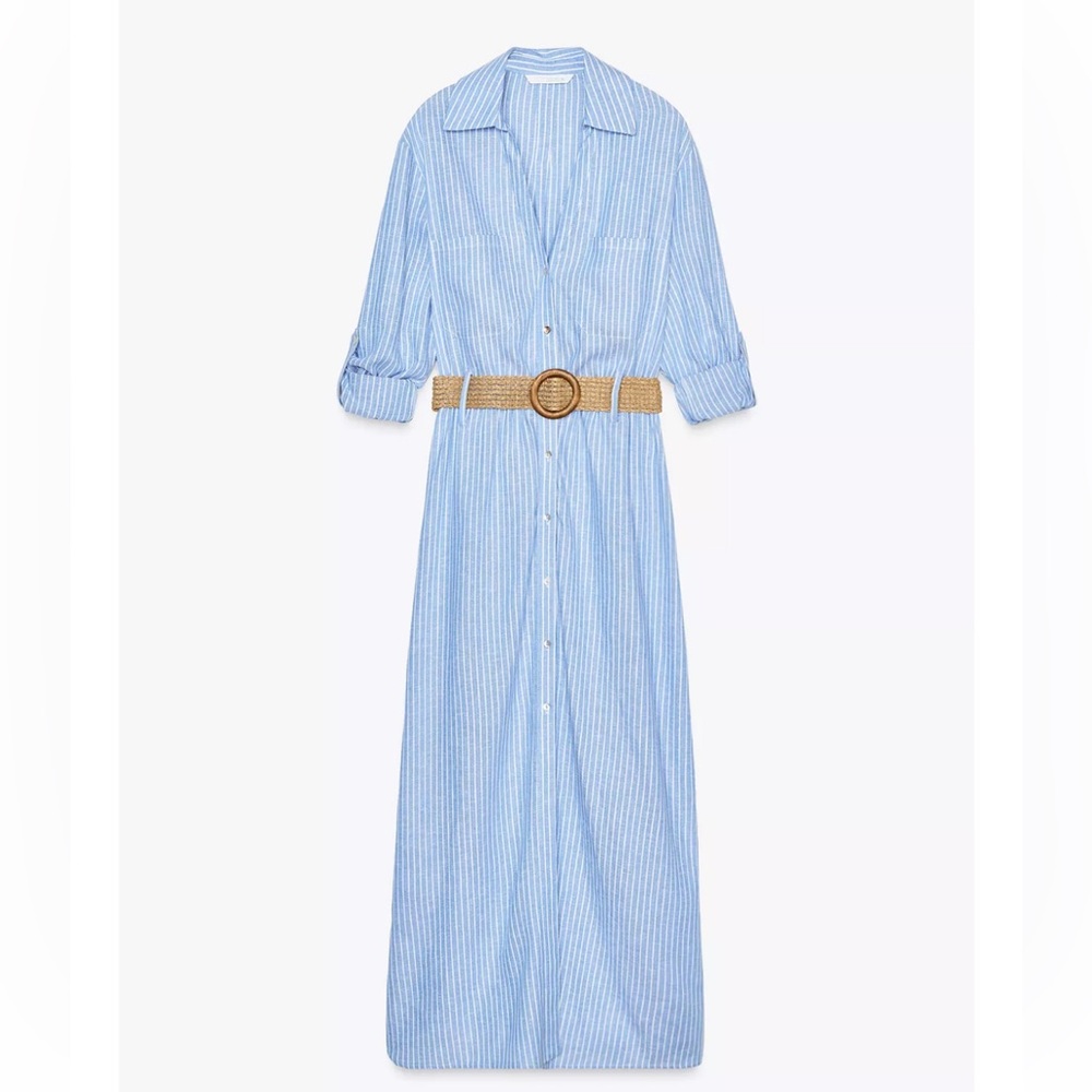 NWT Zara Blue Midi Dress with Notched Collar and Cuffed Sleeves